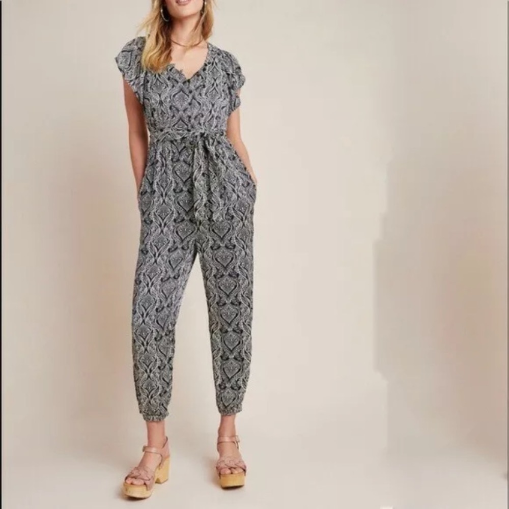 Anthropologie Zadie Jumpsuit Patterned Button Down Elastic Waist Navy White